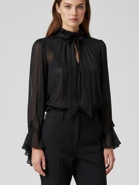 🌻EUC Endless Rose Black Metallic Semi-Sheer Bow Neck Waterfall Sleeve Blouse S